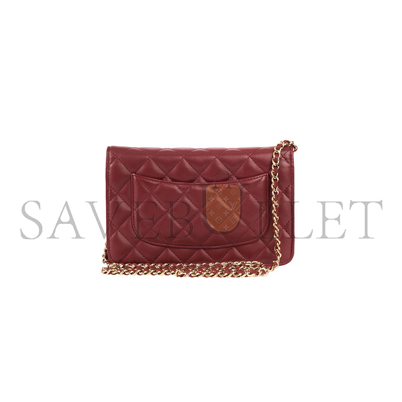 CHANEL DARK RED LAMBSKIN MATELASSE WALLET ON CHAIN  (19*13*4cm)